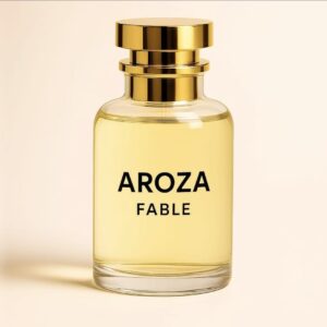 AROZA Fable Perfume bottle with clary sage and bitter almond notes, modern luxury fragrance with a minimalist aesthetic.