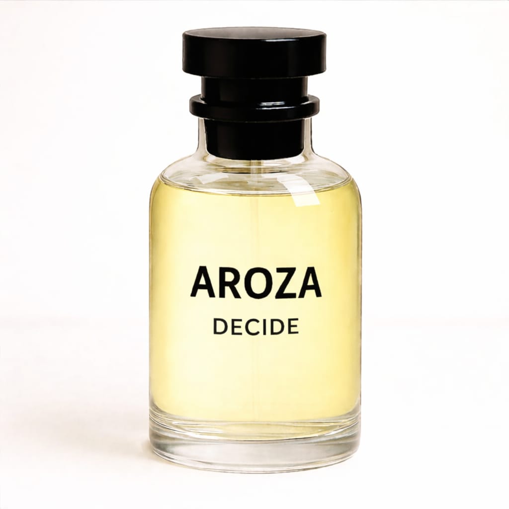 AROZA Decide Perfume bottle cardamom juniper vanilla bold luxury fragrance packaging