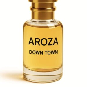 AROZA Down Town Perfume bottle with apricot and leather notes, sophisticated luxury fragrance in a minimalist style.
