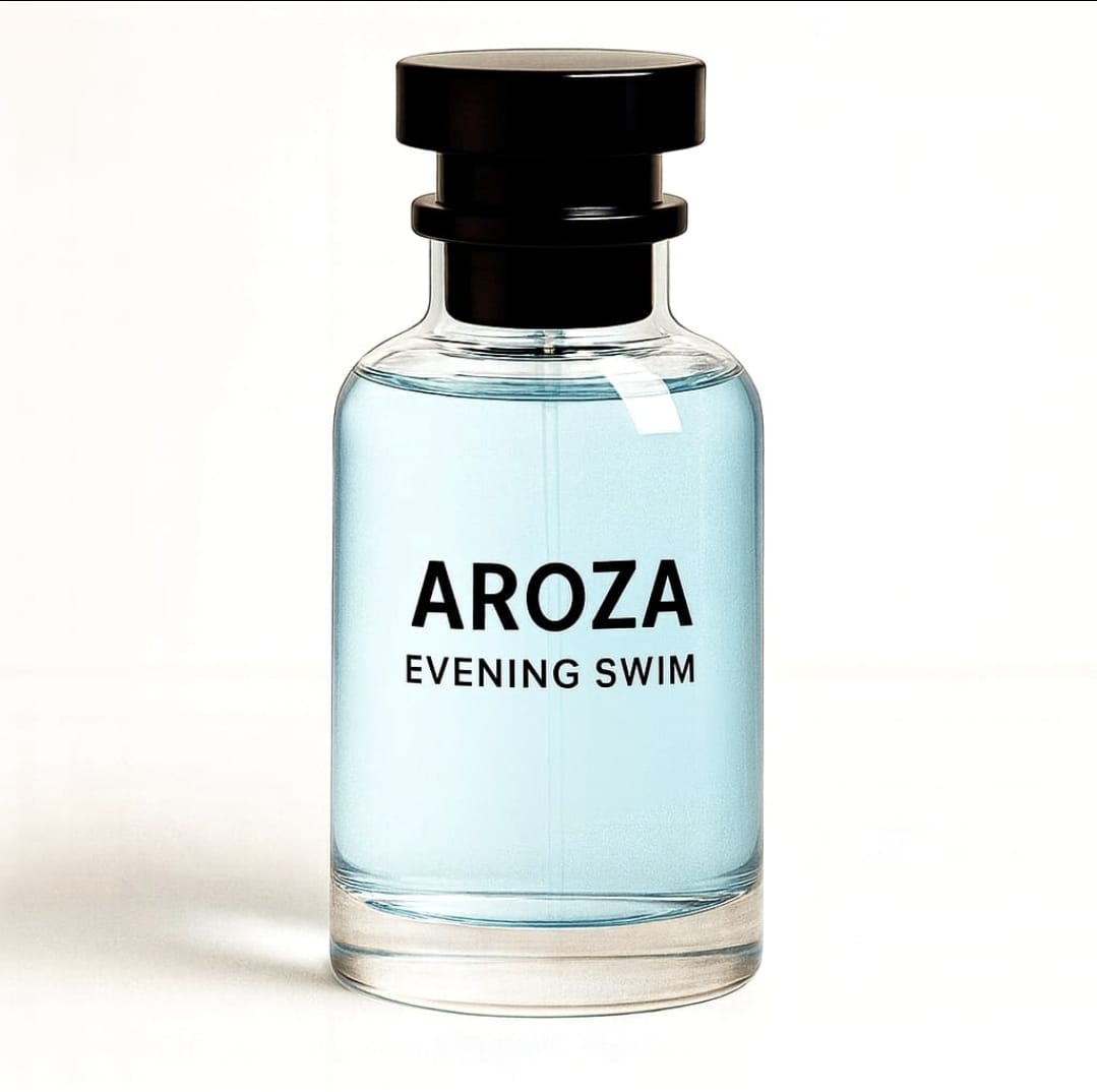 AROZA Evening Swim Perfume bottle featuring citrus and ginger notes, refreshing luxury fragrance photography.