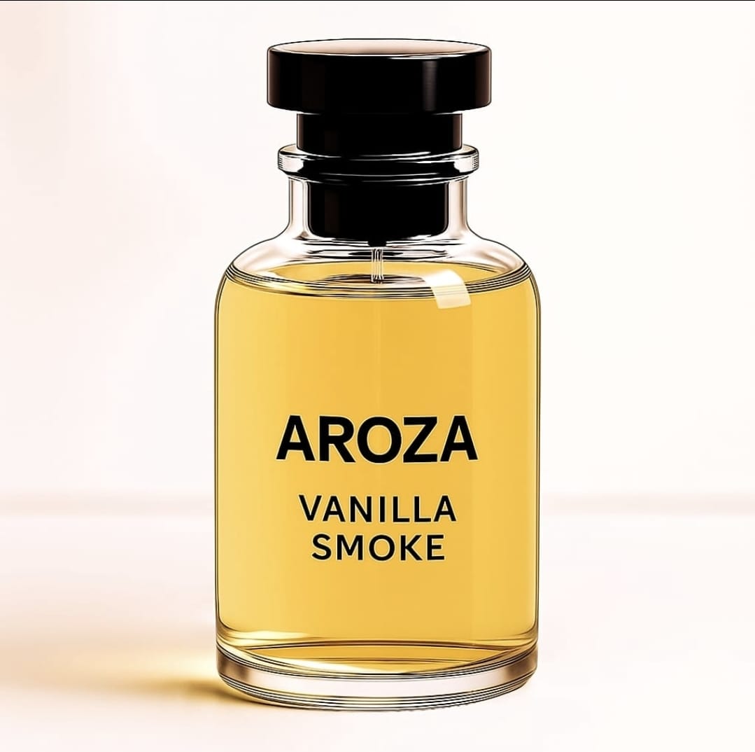 AROZA Vanilla Smoke Perfume bottle featuring vanilla and tobacco notes, elegant luxury fragrance photography in a minimalist style.