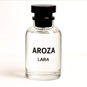 AROZA Lara Perfume bottle featuring tropical mango and oud notes, luxury fragrance photography in a minimalist style.