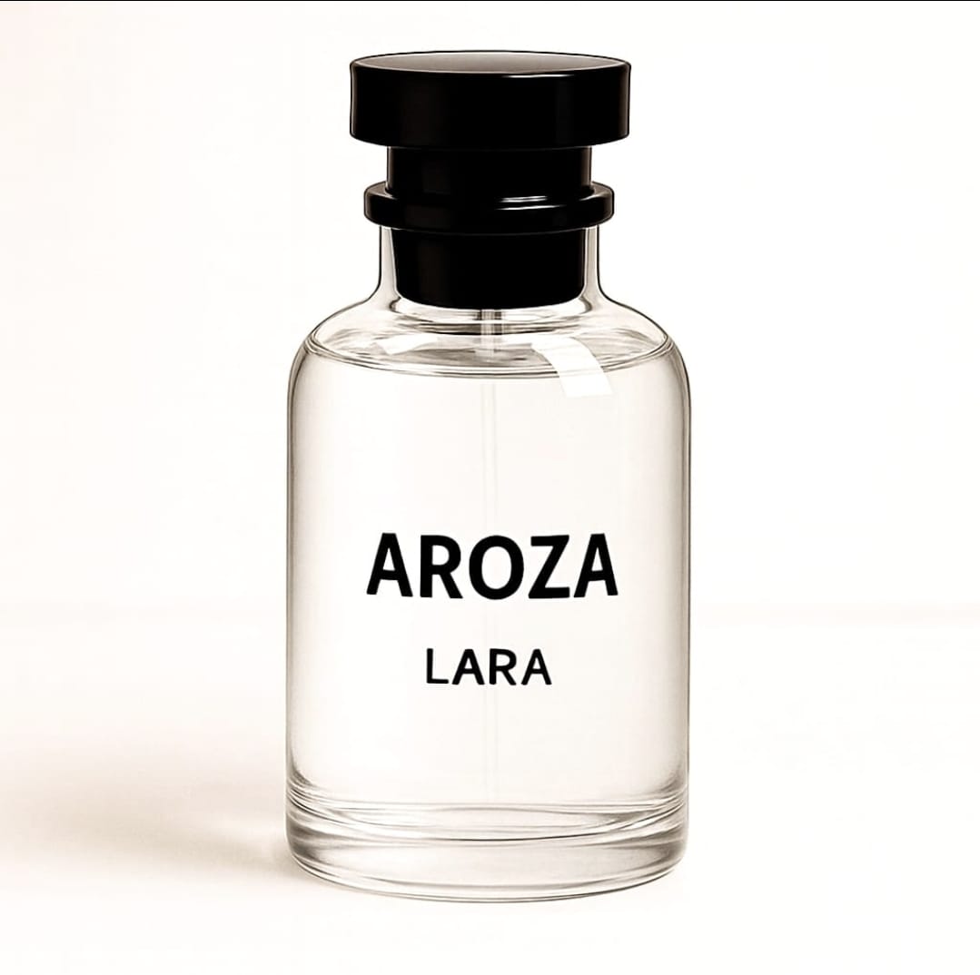 AROZA Lara Perfume bottle featuring tropical mango and oud notes, luxury fragrance photography in a minimalist style.